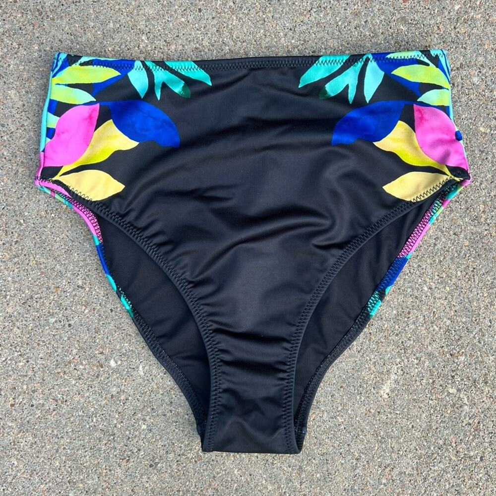 Victoria’ Secret PINK High Waist Swim Bikini Bottom Neon Tropical Leaves Black M